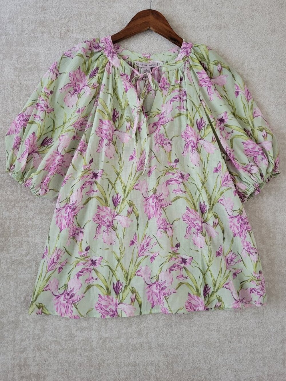 Carolyn Talor Iris Print Peasant Blouse Womens Small Mint Purple Boho Chic NWT